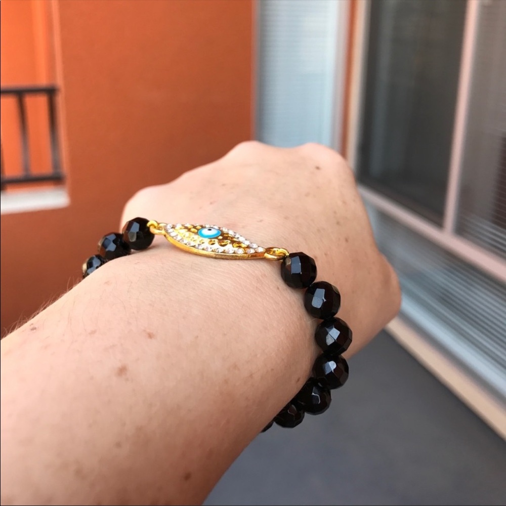 Evil Eye black agate beaded stretch bracelet - Picture 10 of 14
